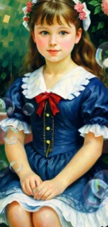 Vintage portrait of a young girl in a blue dress with floral details and bubbles.