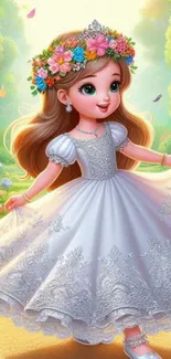 Fantasy princess in a magical forest setting with flowers and animals.