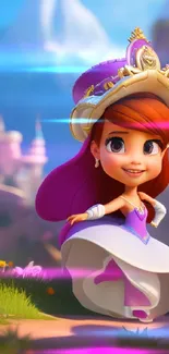 Animated princess in a fairytale landscape with mountains and castle.