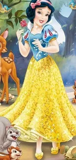 A joyful princess with forest animals, holding a rose, in a vibrant yellow dress.