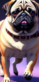 Charming pug walking on a purple surface.