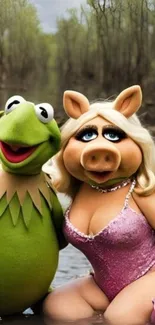Whimsical puppet duo in serene wetland.