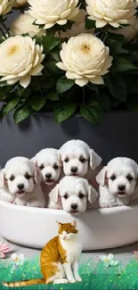 White poodle puppies with white flowers in a decorative setting.