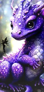 Charming purple dragon with fairy in a fantasy setting.