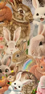 Cute rabbit collage wallpaper with brown and white bunnies.