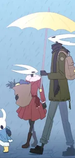 Rabbit family stroll under umbrella in rain.