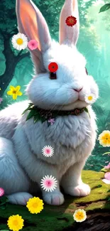 White rabbit surrounded by colorful flowers in a green forest setting.