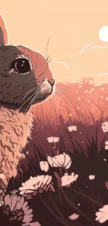 Whimsical illustration of a rabbit in a flower-filled sunset field.