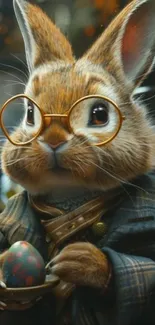 Whimsical rabbit wearing glasses holds a decorated egg.