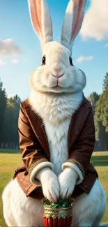 White rabbit in brown leather jacket in forest setting.