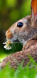 Cute rabbit in green meadow with a flower in its mouth.