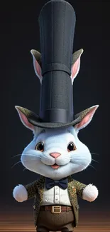 Whimsical white rabbit in a tall tophat, standing on a wooden floor.