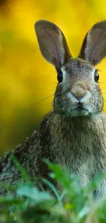 Charming rabbit stands in green field with a blurred nature background.