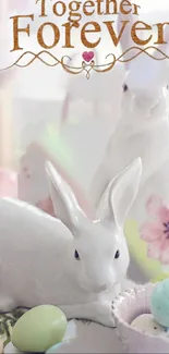 Porcelain rabbits with pastel Easter eggs and floral accents.