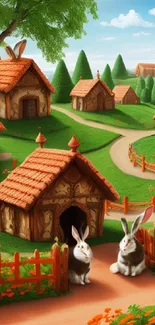 Charming rabbit village with bunnies and rustic houses under a blue sky.