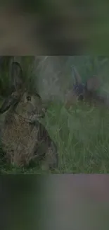 Two rabbits resting in lush green grass field.