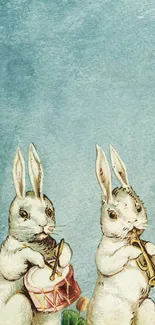 Whimsical rabbits playing music on artful blue wallpaper.