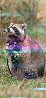 Raccoon surrounded by purple flowers on grass.