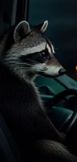 Curious raccoon sitting in a car at night with a dark, moody atmosphere.