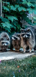 Family of raccoons in lush green setting wallpaper.