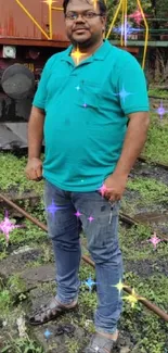 Man in turquoise shirt on a scenic railway track surrounded by greenery.