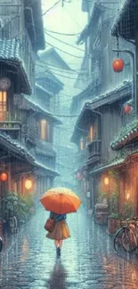 A person with an umbrella walks in a rainy lantern-lit alley.