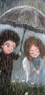 Artwork of child and angel under umbrella in rain.