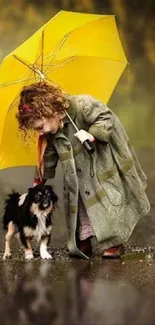 Child and dog under yellow umbrella in rainy scene.