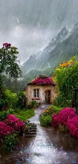 Charming rain-soaked cottage with pink flowers and misty mountains.