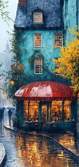 Charming rainy street corner with cozy café and vibrant flowers.