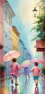 Charming street scene with kids and umbrellas on a rainy day.