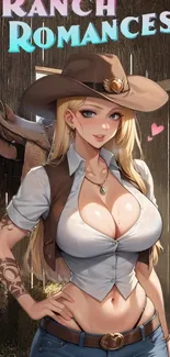 Anime cowgirl with hat in a ranch setting, vibrant mobile wallpaper.