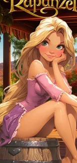 Rapunzel in bright cartoon style on a vibrant background.