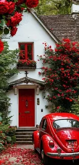 Charming cottage with red car and roses.