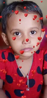 Child in bright red polka dot dress portrait.