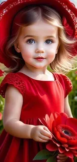 Cute girl in a red dress holding a red flower in blooming field.