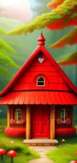 A whimsical red cottage in a lush forest setting with mushrooms.