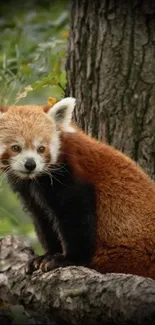 Red panda sitting by a tree with a lush green background.