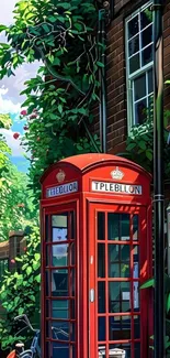 Red phone booth amid lush green vines.