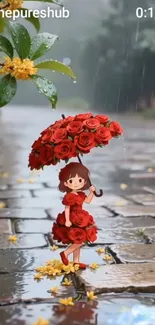 Cute cartoon girl with rose umbrella in rain.