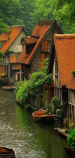 Rustic riverside village with charming homes and lush greenery.