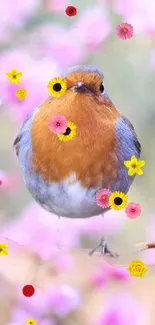 Charming robin perched among colorful spring flowers on a pink background.