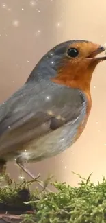 Robin bird perched on moss with sparkling lights.