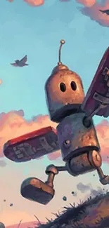 Whimsical robot flying across a vibrant sky with clouds and birds.