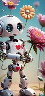 Cute robot holding flowers with a light blue background.