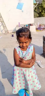 Young girl on rooftop in polka-dot dress.