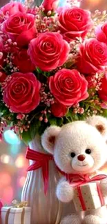 Cute teddy bear with red roses in vase.