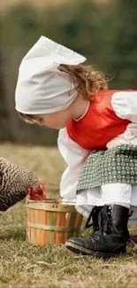 Child in traditional clothes feeding a chicken outdoors.