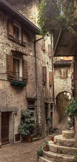 Charming medieval stone alley with rustic buildings and lush greenery.