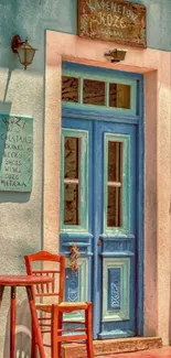 Rustic cafe entrance with blue door and wooden chairs.